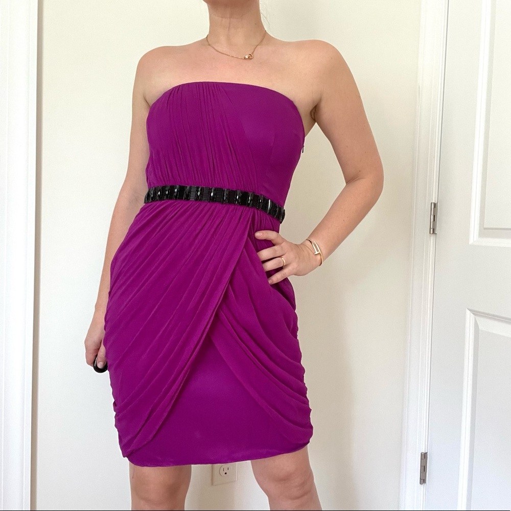 HOAGLUND Silk Chiffon Grecian Goddess Strapless Embellished Cocktail Dress